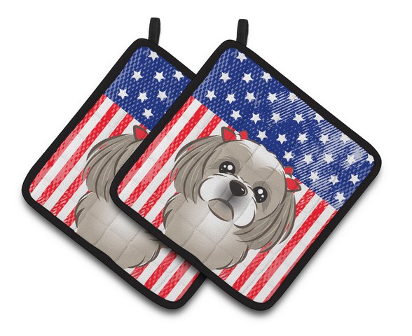Picture of Carolines Treasures BB2180PTHD American Flag & Gray Silver Shih Tzu Pair of Pot Holders, 7.5 x 3 x 7.5 in.