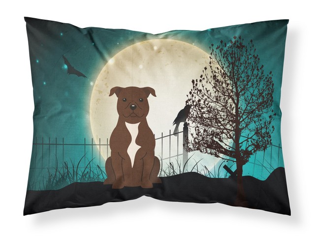 Picture of Carolines Treasures BB2238PILLOWCASE Halloween Scary Staffordshire Bull Terrier Chocolate Fabric Standard Pillowcase, 20.5 x 0.25 x 30 in.