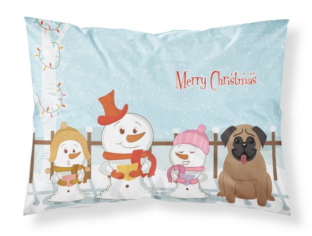 Merry Christmas Carolers Pug Brown Fabric Standard Pillowcase