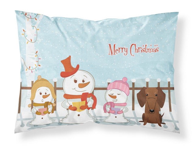 Merry Christmas Carolers Dachshund Red Brown Fabric Standard Pillowcase