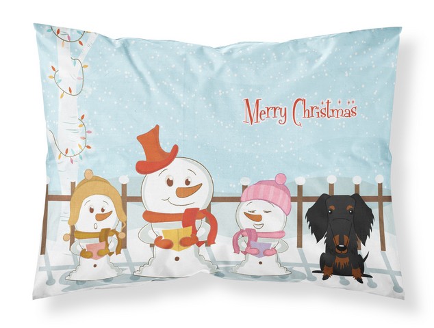 BB2458PILLOWCASE Merry Christmas Carolers Wire Haired Dachshund Black Tan Fabric Standard Pillowcase, 20.5 x 0.25 x 30 in.