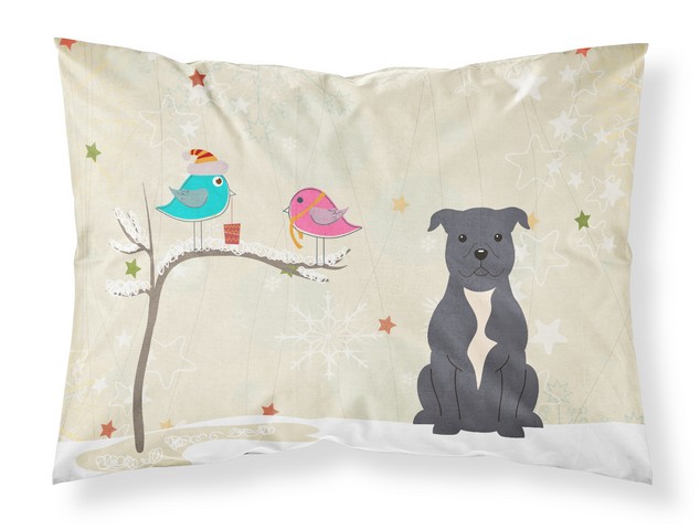 BB2518PILLOWCASE Christmas Presents Between Friends Staffordshire Bull Terrier Blue Fabric Standard Pillowcase, 20.5 x 0.25 x 30 in.