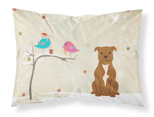 BB2519PILLOWCASE Christmas Presents Between Friends Staffordshire Bull Terrier Brown Fabric Standard Pillowcase, 20.5 x 0.25 x 30 in.