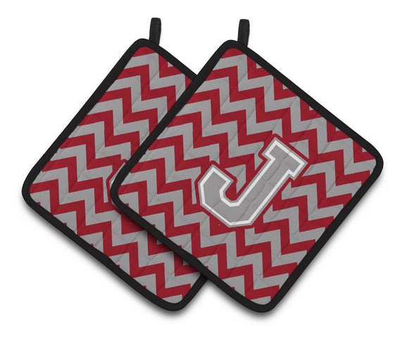 Letter J Chevron Crimson & Grey Pair of Pot Holders