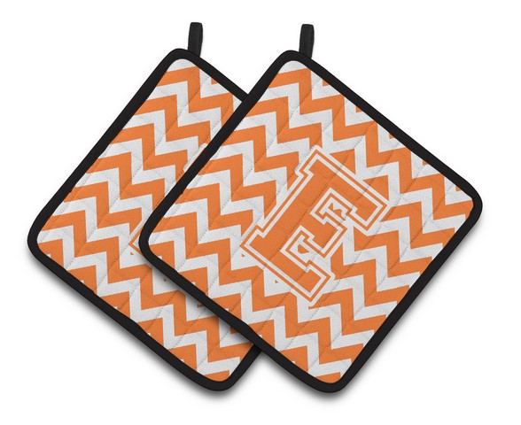 Letter E Chevron Orange & White Pair of Pot Holders - 7.5 x 3 x 7.5 in.