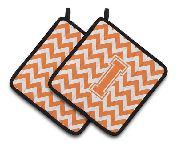 Letter I Chevron Orange & White Pair of Pot Holders