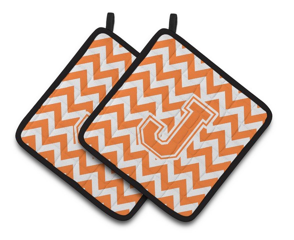 Letter J Chevron Orange & White Pair of Pot Holders