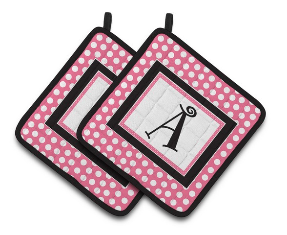 CJ1001-APTHD Letter A Monogram - Pink Black Polka Dots Pair of Pot Holders, 7.5 x 3 x 7.5 in.