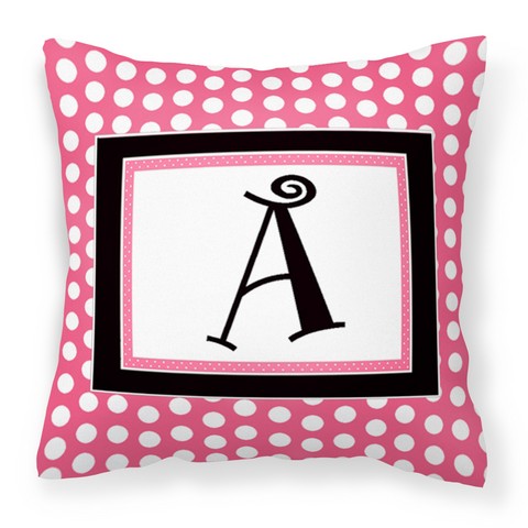 Letter A Monogram - Pink Black Polka Dots Fabric Decorative Pillow - 14 x 3 x 14 in.