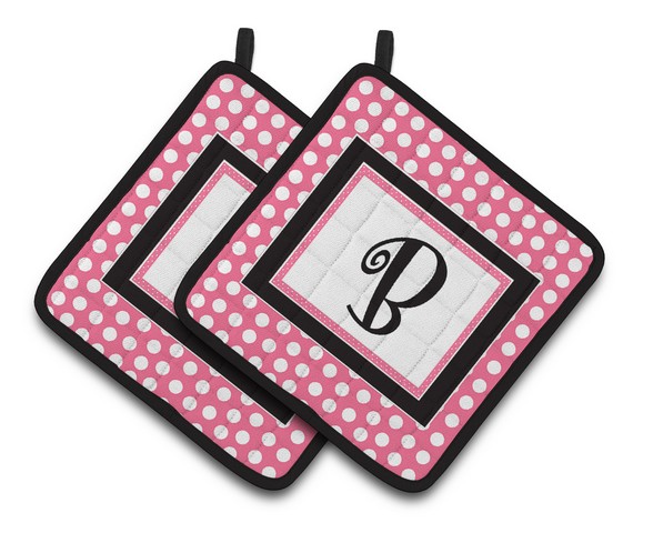 CJ1001-BPTHD Letter B Monogram - Pink Black Polka Dots Pair of Pot Holders, 7.5 x 3 x 7.5 in.