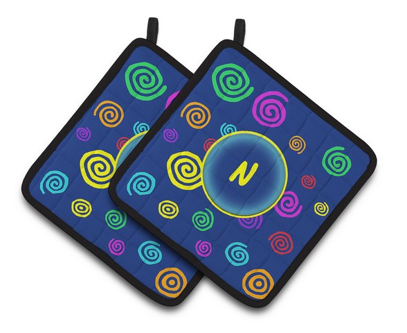 Letter N Initial Monogram - Blue Swirls Pair of Pot Holders