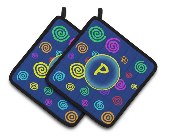 Letter P Initial Monogram - Blue Swirls Pair of Pot Holders - 7.5 x 3 x 7.5 in.