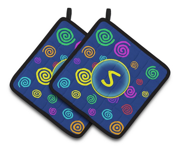 Letter S Initial Monogram - Blue Swirls Pair of Pot Holders