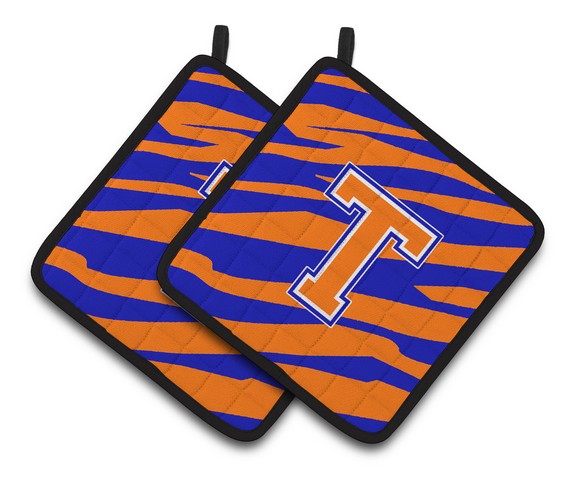 Monogram Initial T Tiger Stripe - Blue Orange Pair of Pot Holders