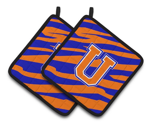CJ1023-UPTHD Monogram Initial U Tiger Stripe - Blue Orange Pair of Pot Holders, 7.5 x 3 x 7.5 in.