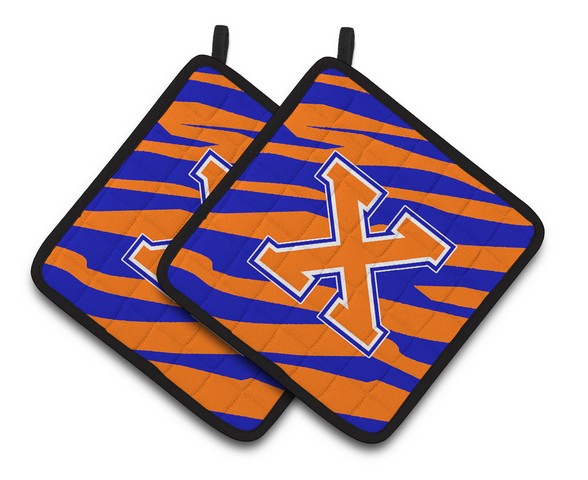 Monogram Initial X Tiger Stripe - Blue Orange Pair of Pot Holders