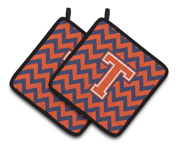 Letter T Chevron Orange & Blue Pair of Pot Holders