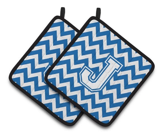 Letter J Chevron Blue & White Pair of Pot Holders