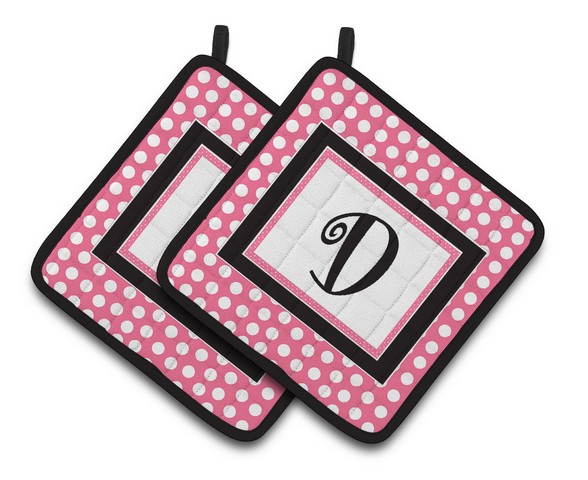 CJ1001-DPTHD Letter D Monogram - Pink Black Polka Dots Pair of Pot Holders, 7.5 x 3 x 7.5 in.