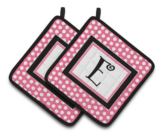 CJ1001-EPTHD Letter E Monogram - Pink Black Polka Dots Pair of Pot Holders, 7.5 x 3 x 7.5 in.
