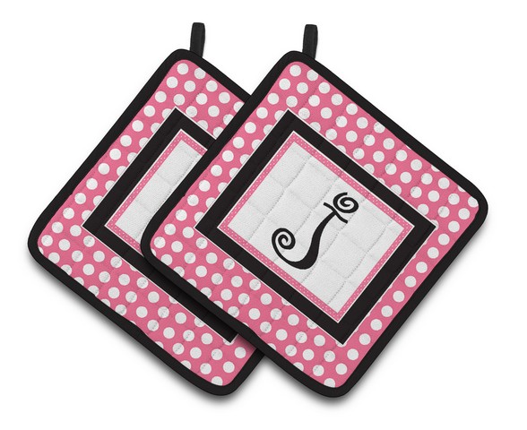 CJ1001-JPTHD Letter J Monogram - Pink Black Polka Dots Pair of Pot Holders, 7.5 x 3 x 7.5 in.