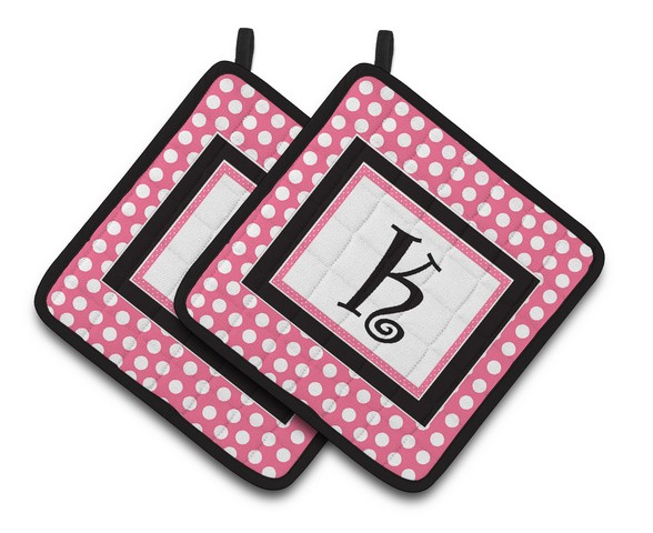 CJ1001-KPTHD Letter K Monogram - Pink Black Polka Dots Pair of Pot Holders, 7.5 x 3 x 7.5 in.