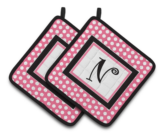 CJ1001-NPTHD Letter N Monogram - Pink Black Polka Dots Pair of Pot Holders, 7.5 x 3 x 7.5 in.