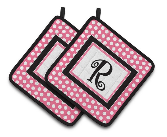 CJ1001-RPTHD Letter R Monogram - Pink Black Polka Dots Pair of Pot Holders, 7.5 x 3 x 7.5 in.