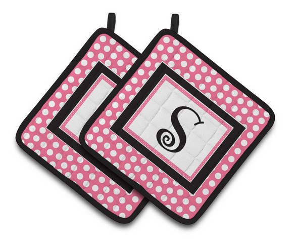 CJ1001-SPTHD Letter S Monogram - Pink Black Polka Dots Pair of Pot Holders, 7.5 x 3 x 7.5 in.