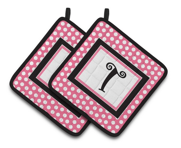 CJ1001-TPTHD Letter T Monogram - Pink Black Polka Dots Pair of Pot Holders, 7.5 x 3 x 7.5 in.