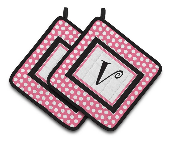 CJ1001-VPTHD Letter V Monogram - Pink Black Polka Dots Pair of Pot Holders, 7.5 x 3 x 7.5 in.