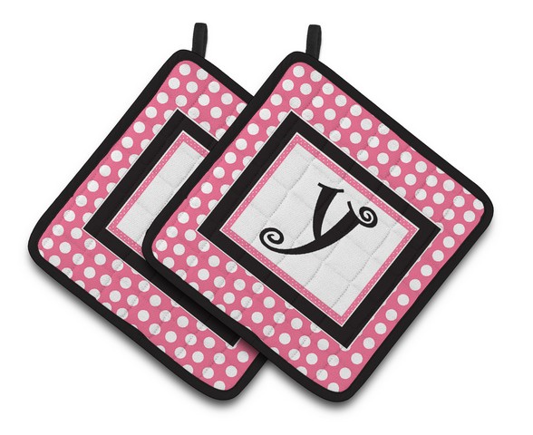 CJ1001-YPTHD Letter Y Monogram - Pink Black Polka Dots Pair of Pot Holders, 7.5 x 3 x 7.5 in.