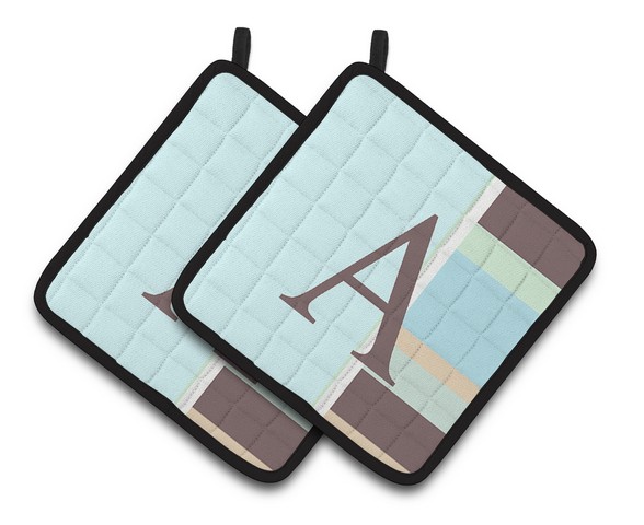 Letter A Monogram - Blue Stripes Pair of Pot Holders
