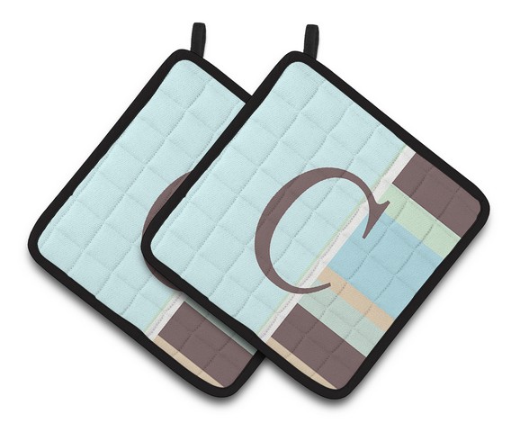 Letter C Initial Monogram - Blue Stripes Pair of Pot Holders
