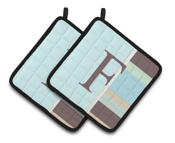 Letter F Initial Monogram - Blue Stripes Pair of Pot Holders