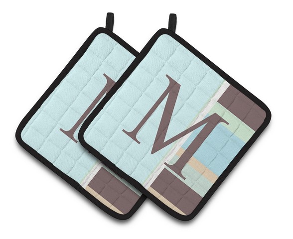 Letter M Initial Monogram - Blue Stripes Pair of Pot Holders