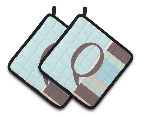 Letter Q Initial Monogram - Blue Stripes Pair of Pot Holders