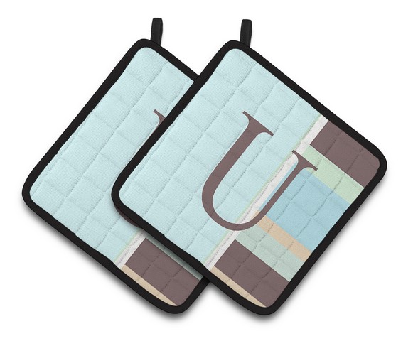 Letter U Initial Monogram - Blue Stripes Pair of Pot Holders