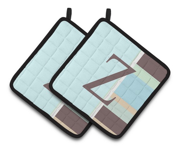 Letter Z Initial Monogram - Blue Stripes Pair of Pot Holders