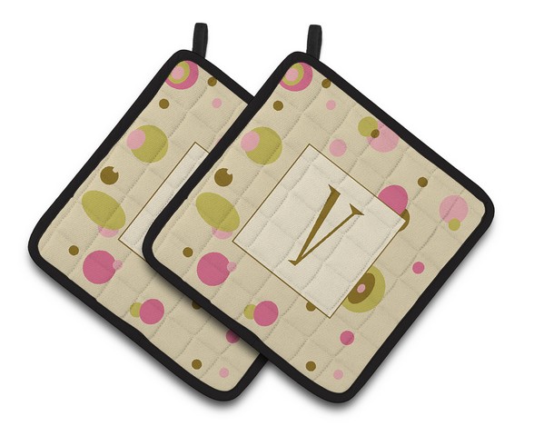 Letter V Initial Monogram - Tan Dots Pair of Pot Holders - 7.5 x 3 x 7.5 in.