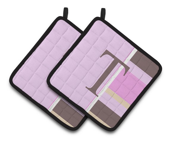 CJ1005-TPTHD Letter T Initial Monogram - Pink Stripes Pair of Pot Holders, 7.5 x 3 x 7.5 in.