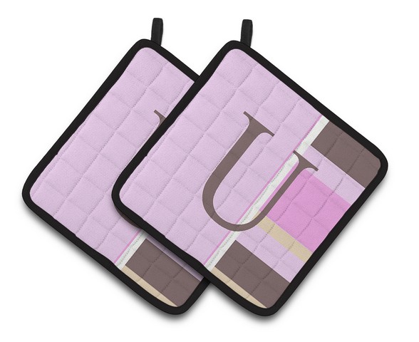 CJ1005-UPTHD Letter U Initial Monogram - Pink Stripes Pair of Pot Holders, 7.5 x 3 x 7.5 in.