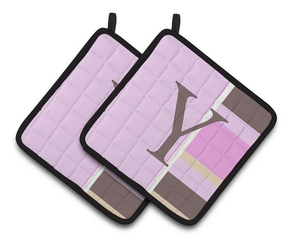CJ1005-YPTHD Letter Y Initial Monogram - Pink Stripes Pair of Pot Holders, 7.5 x 3 x 7.5 in.