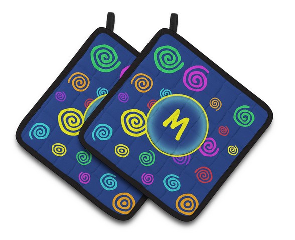 Letter M Initial Monogram - Blue Swirls Pair of Pot Holders