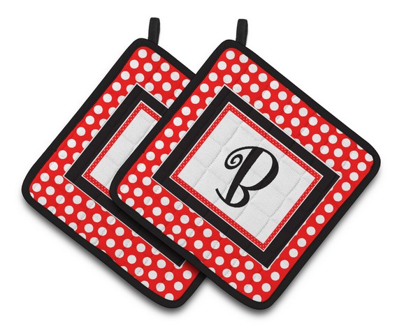 CJ1012-BPTHD Letter B Initial Monogram Red Black Polka Dots Pair of Pot Holders, 7.5 x 3 x 7.5 in.