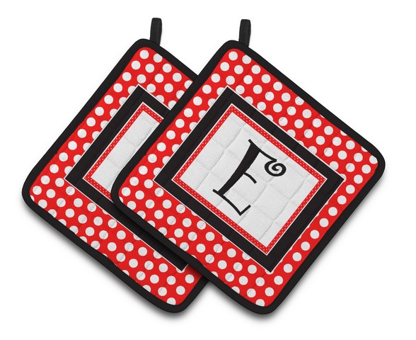 CJ1012-EPTHD Letter E Initial Monogram Red Black Polka Dots Pair of Pot Holders, 7.5 x 3 x 7.5 in.