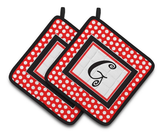 CJ1012-GPTHD Letter G Initial Monogram Red Black Polka Dots Pair of Pot Holders, 7.5 x 3 x 7.5 in.