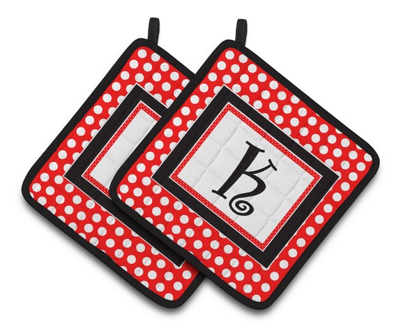 CJ1012-KPTHD Letter K Initial Monogram Red Black Polka Dots Pair of Pot Holders, 7.5 x 3 x 7.5 in.