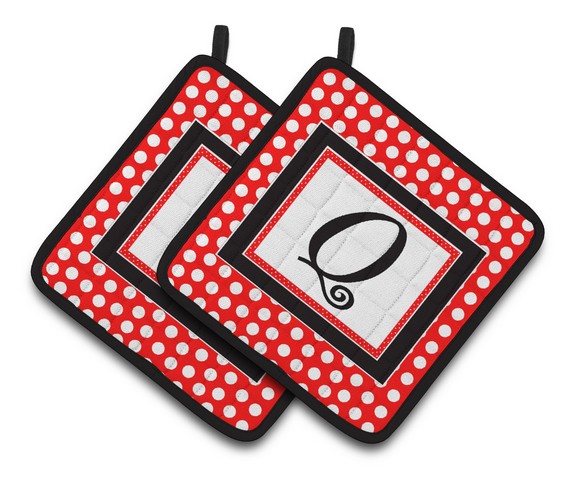 CJ1012-QPTHD Letter Q Initial Monogram Red Black Polka Dots Pair of Pot Holders, 7.5 x 3 x 7.5 in.