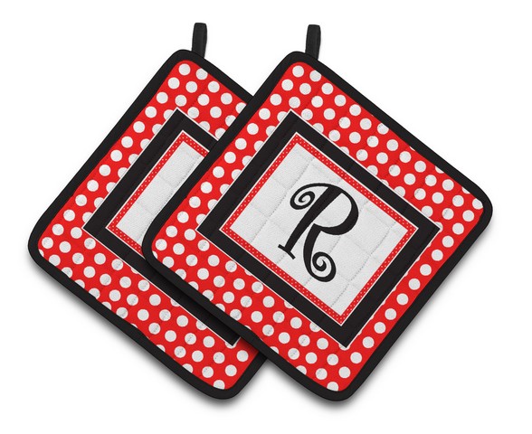 CJ1012-RPTHD Letter R Initial Monogram Red Black Polka Dots Pair of Pot Holders, 7.5 x 3 x 7.5 in.